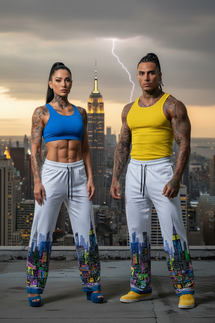 Two people wearing matching Loria NYC Art pants with a cityscape and lightning background