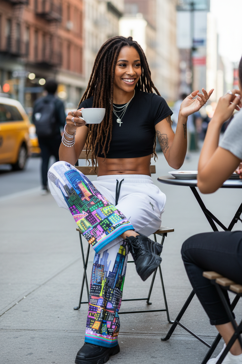 Woman sitting on a city street, wearing Loria NYC Art colorful pants and a black top, with a cup in her hand.