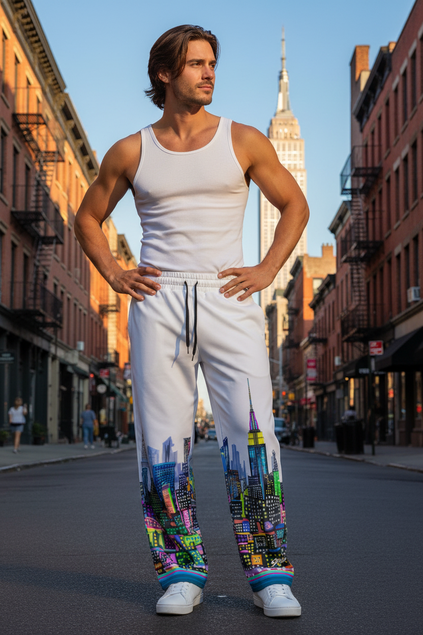 Man wearing a white tank top and colorful Loria NYC Art pants standing on a city street with the Empire State Building in the background.
