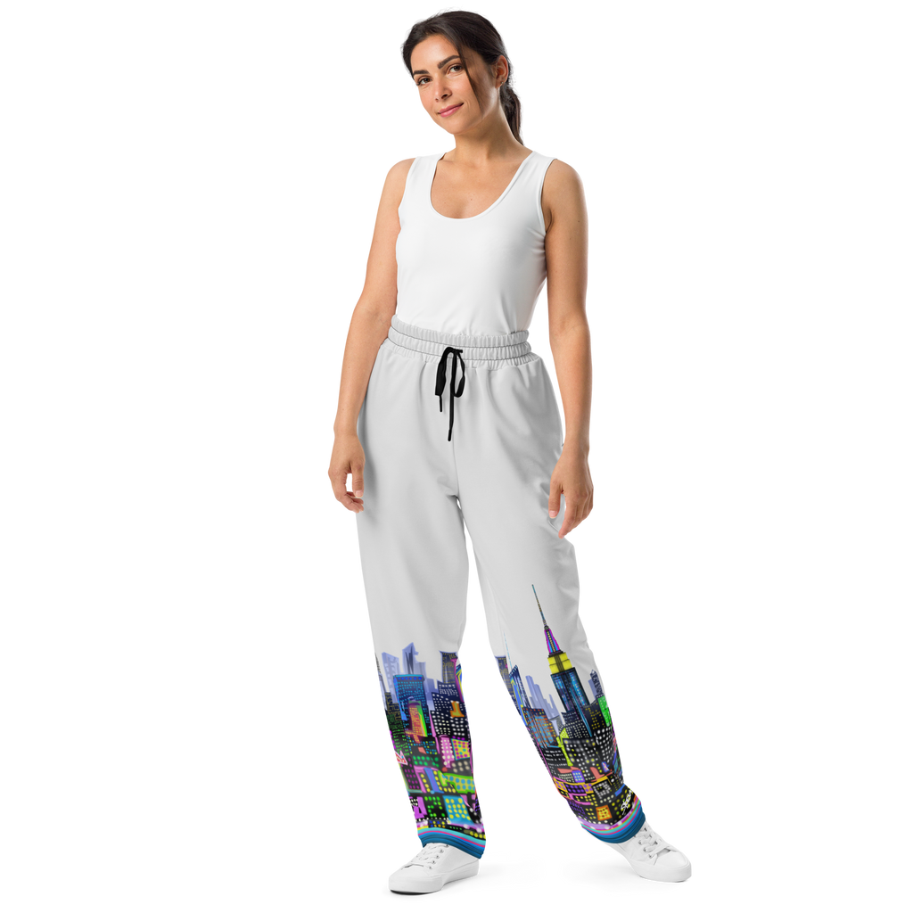 Front of Women wearing Pants with colorful skyline Loria NYC Art design on white background 
