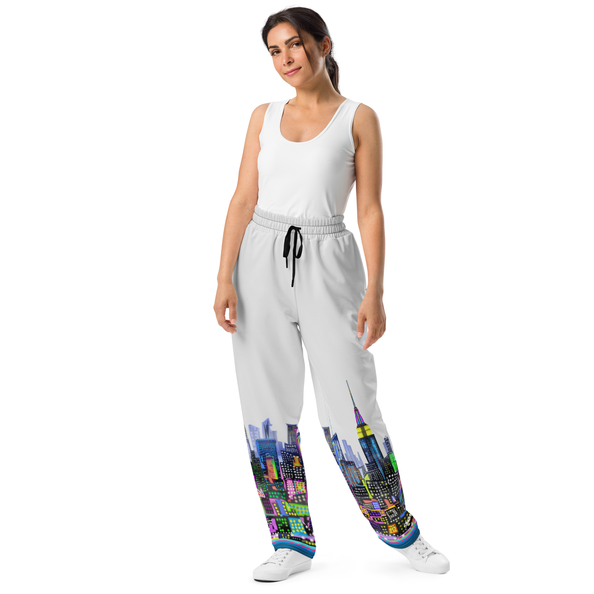 Front of Women wearing Pants with colorful skyline Loria NYC Art design on white background 