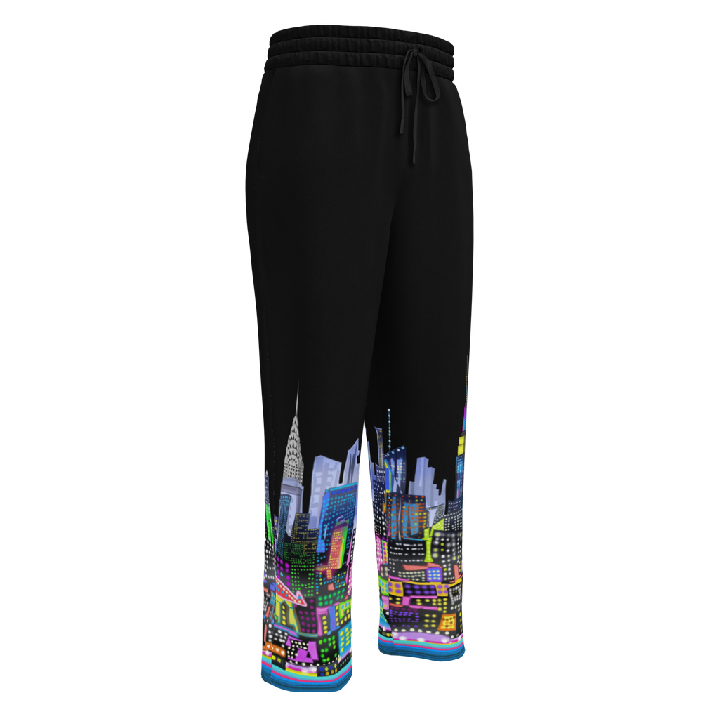Black sweatpants with colorful cityscape Loria NYC Art design on white background 