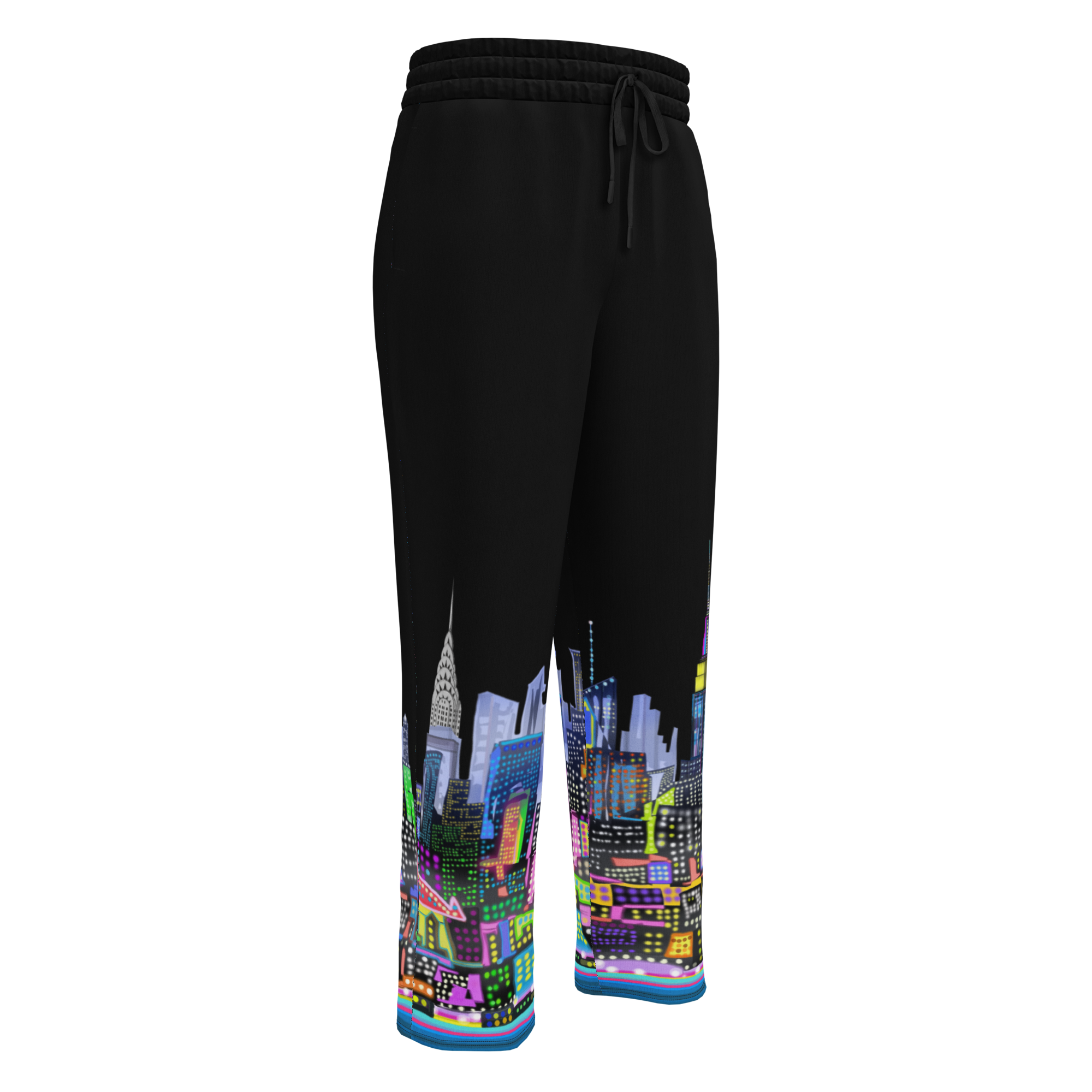 Black sweatpants with colorful cityscape Loria NYC Art design on white background 