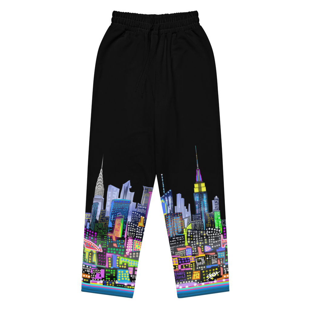 Black pants with a colorful Loria NYC Art cityscape design on a white background