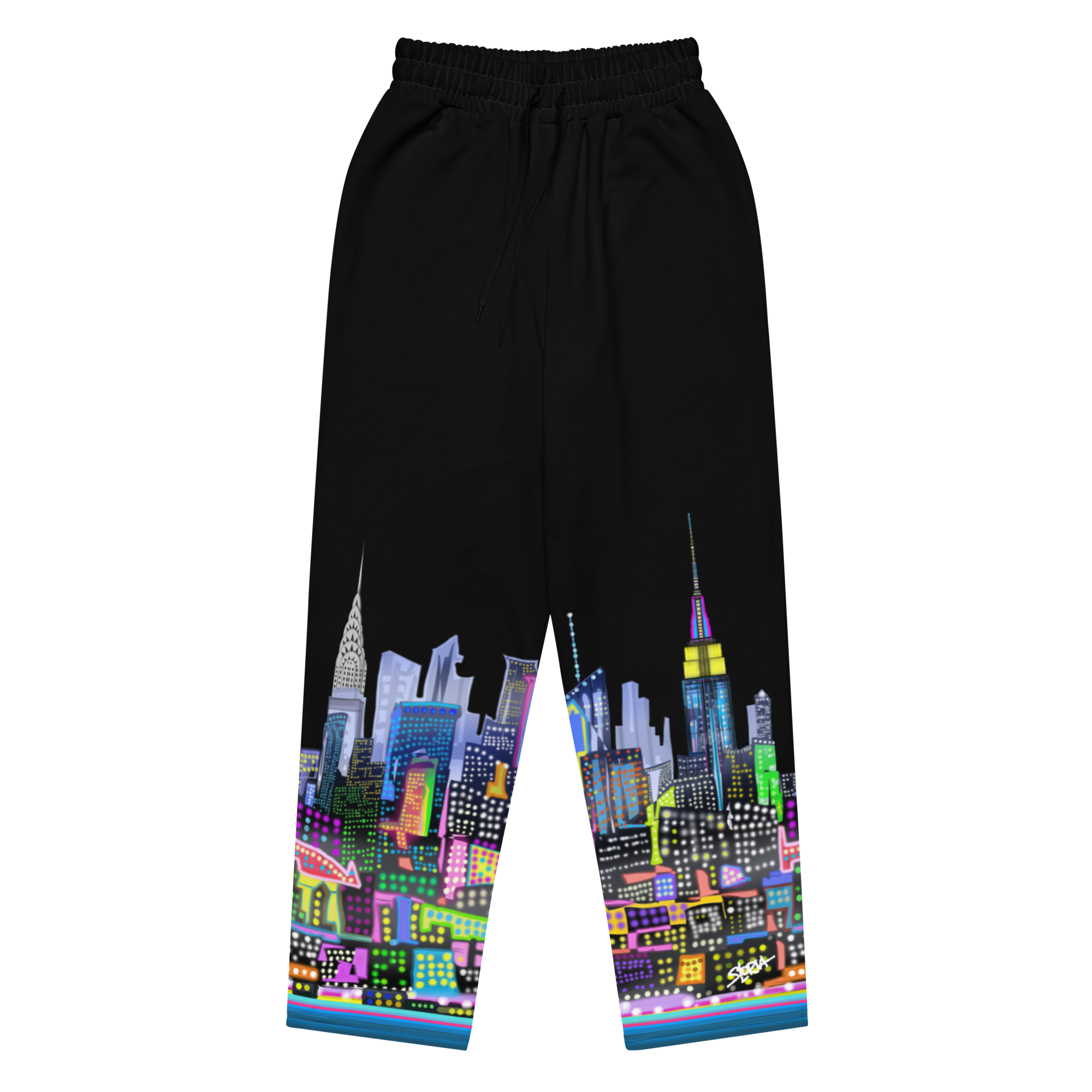 Black pants with a colorful Loria NYC Art cityscape design on a white background