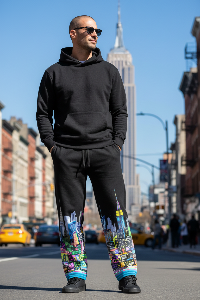 Man wearing a black hoodie and colorful Loria NYC Art pants standing on a city street with the Empire State Building in the background.