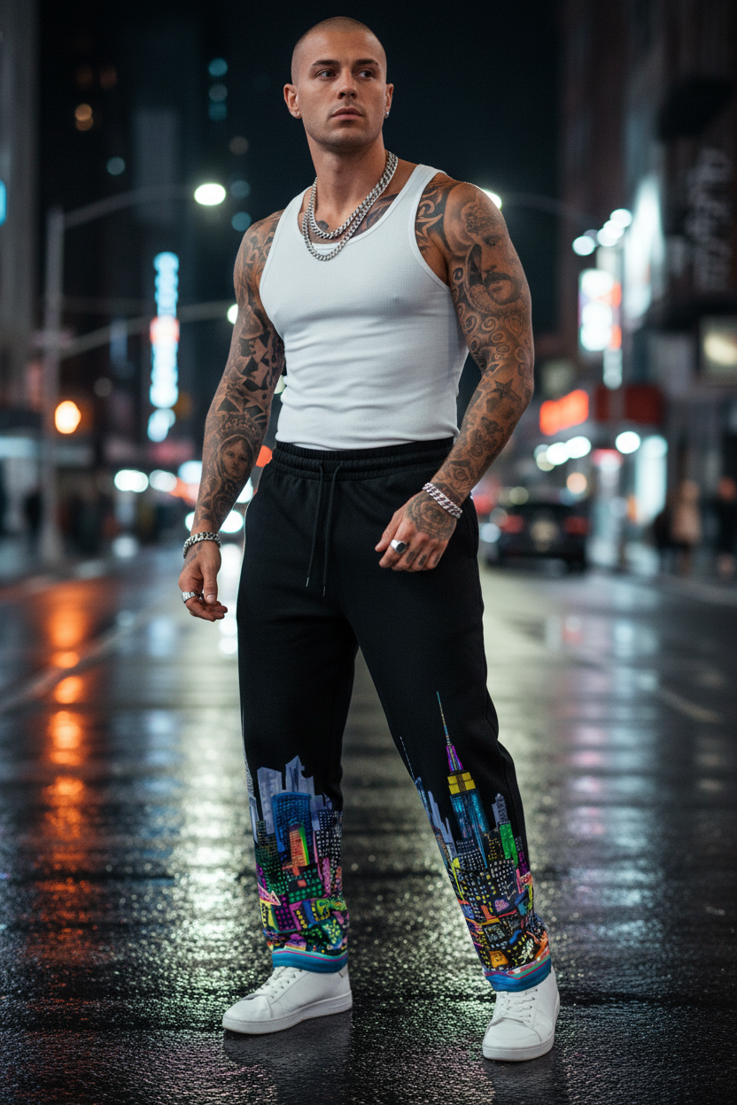 Person wearing a white tank top and black pants with colorful Loria NYC Art designs on a city street at night.
