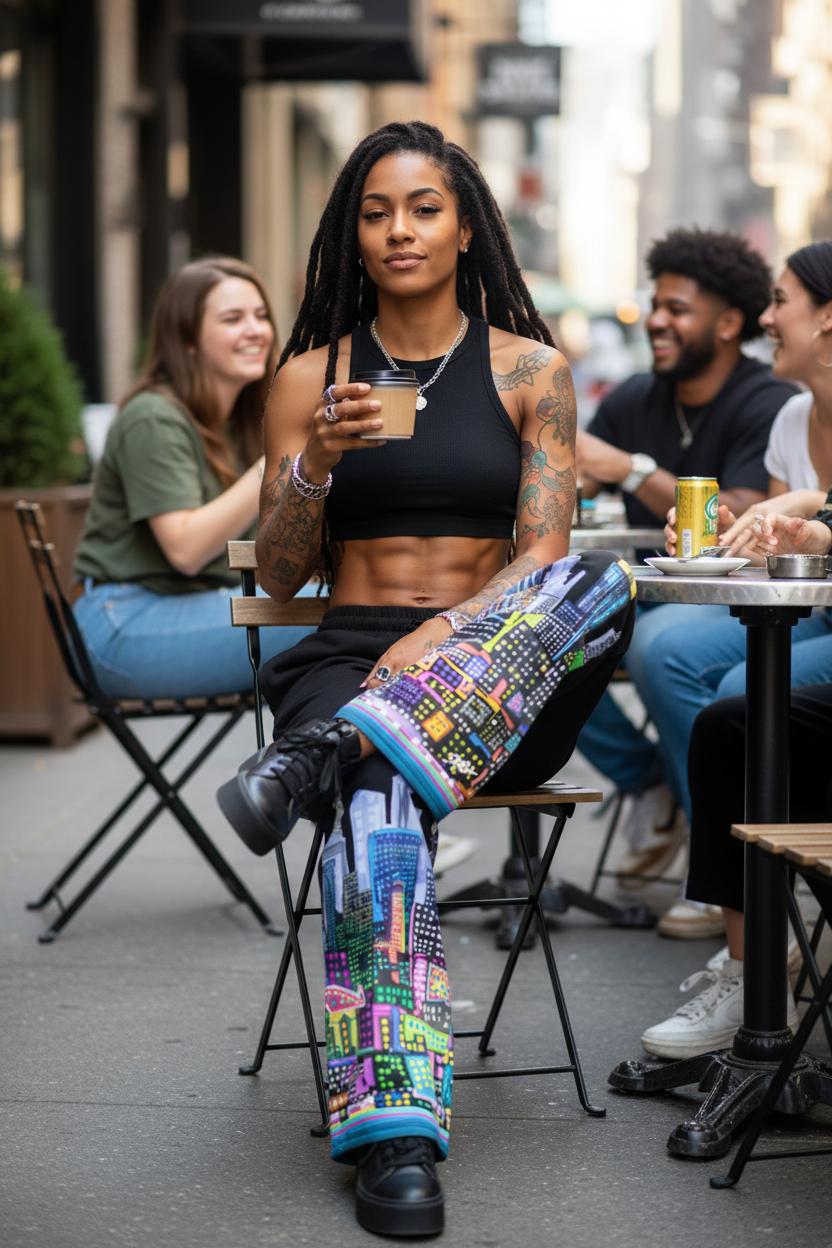 Woman wearing Loria  NYC Art pants sitting at an outdoor cafe holding a coffee cup, wearing colorful pants with cityscape design.