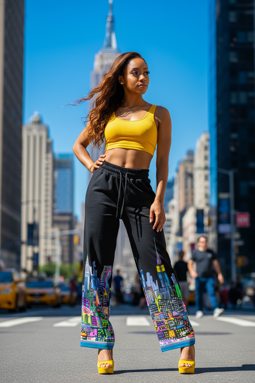 Woman in yellow top and Loria NYC Art black pants with colorful patterns on a city street