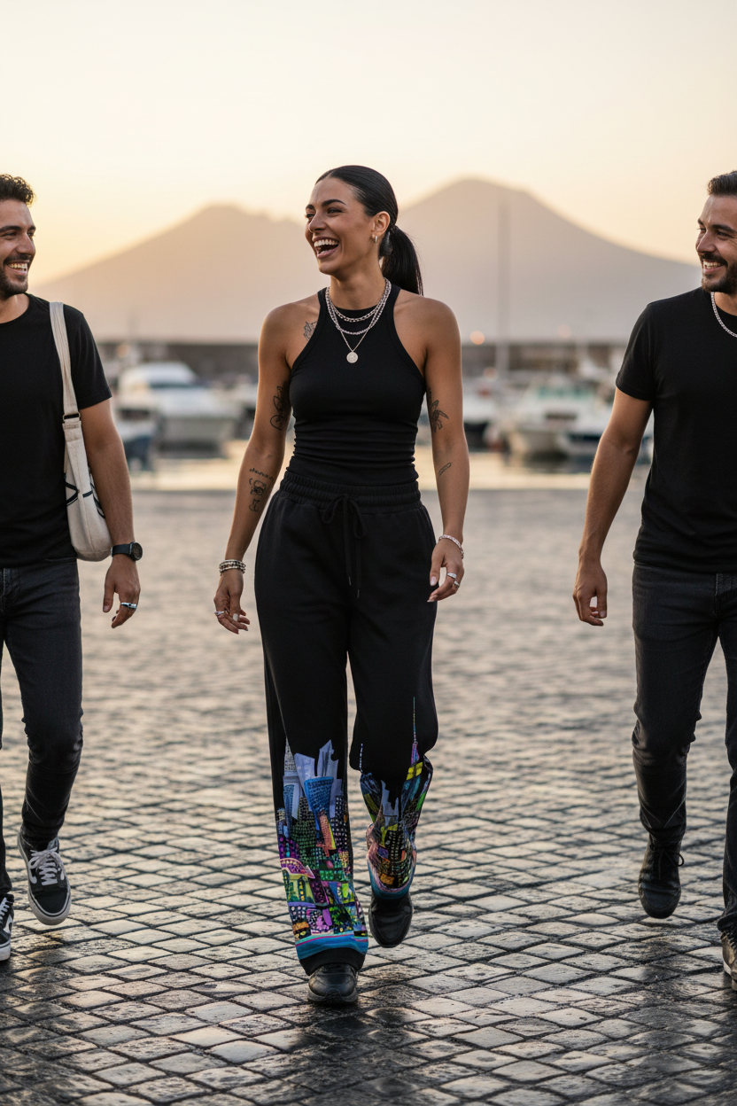 Woman wearing Loria NYC Art pants walking together on a stone path with a scenic background
