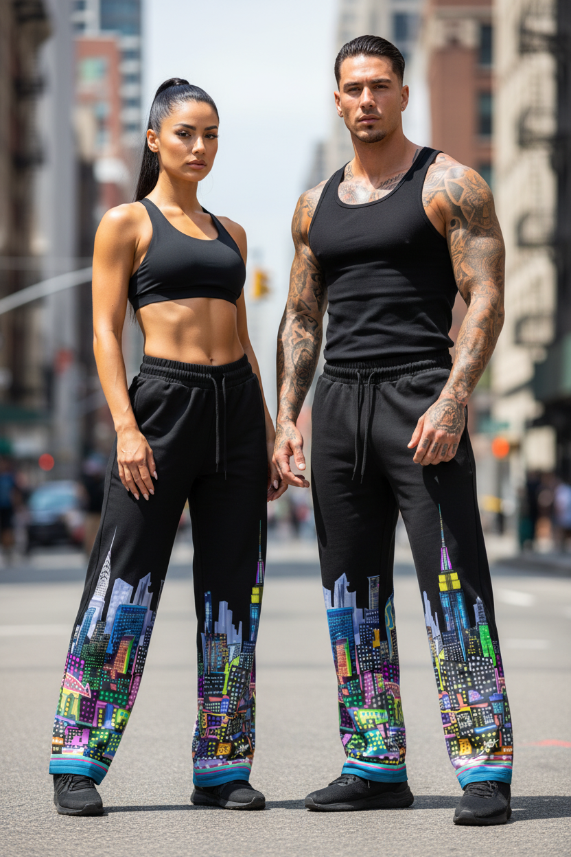 Two people wearing black tank tops and pants with colorful Loria NYC ART cityscape designs on a city street.