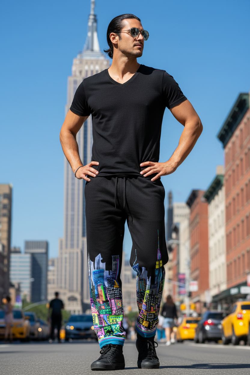 Man in black outfit with colorful Loria NYC Art pants standing on a city street with the Empire State Building in the background.