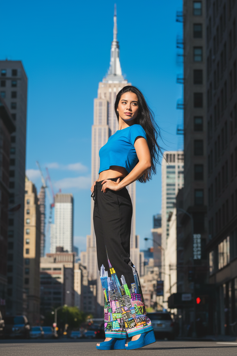 Woman wearing Loria NYC Art pants standing in a city street with the Empire State Building in the background