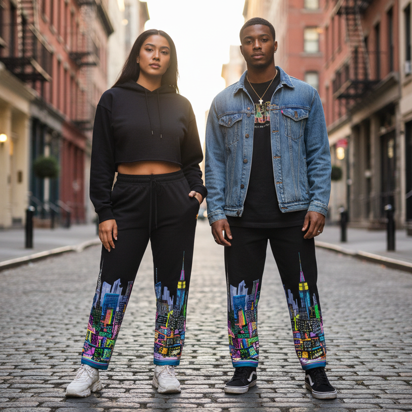 Two people standing on a city street wearing Loria NYC Art colorful pants.
