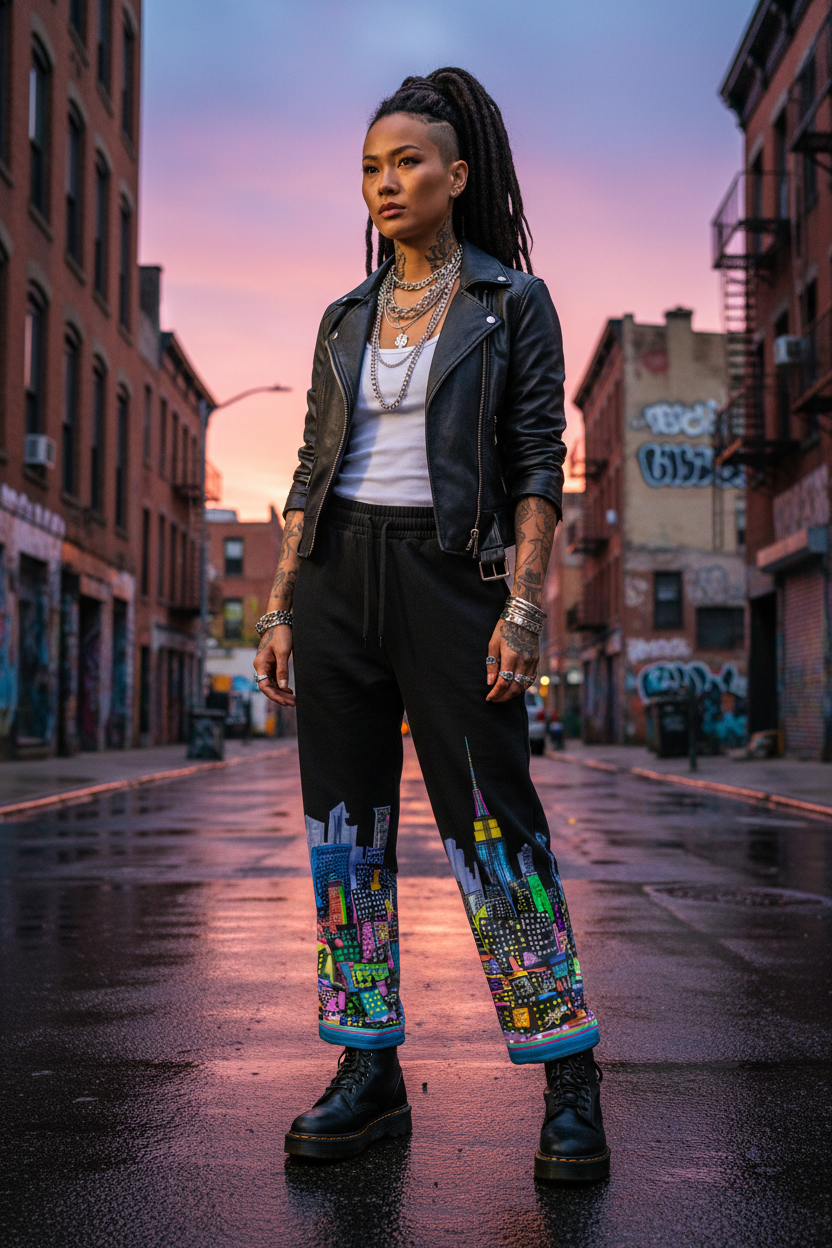 Person wearing a black leather jacket and colorful Loria NYC Art pants on a city street at sunset.