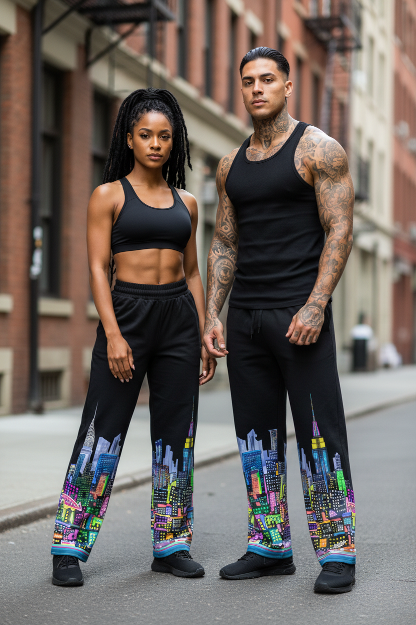 Two people wearing black Loria NYC Art athletic wear with colorful cityscape designs on a street.