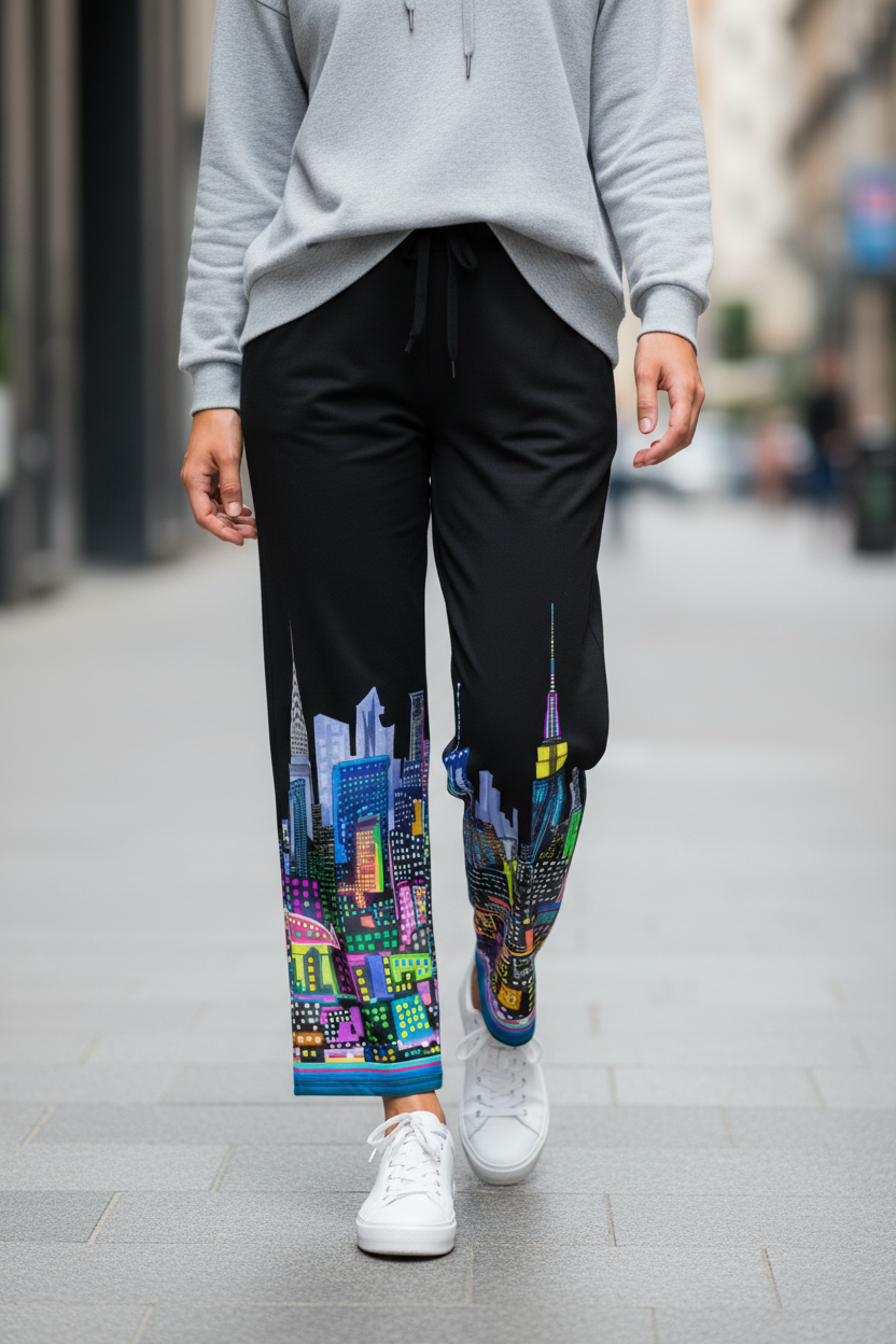 Person wearing black Loria NYC Art pants with colorful cityscape design on a city street.