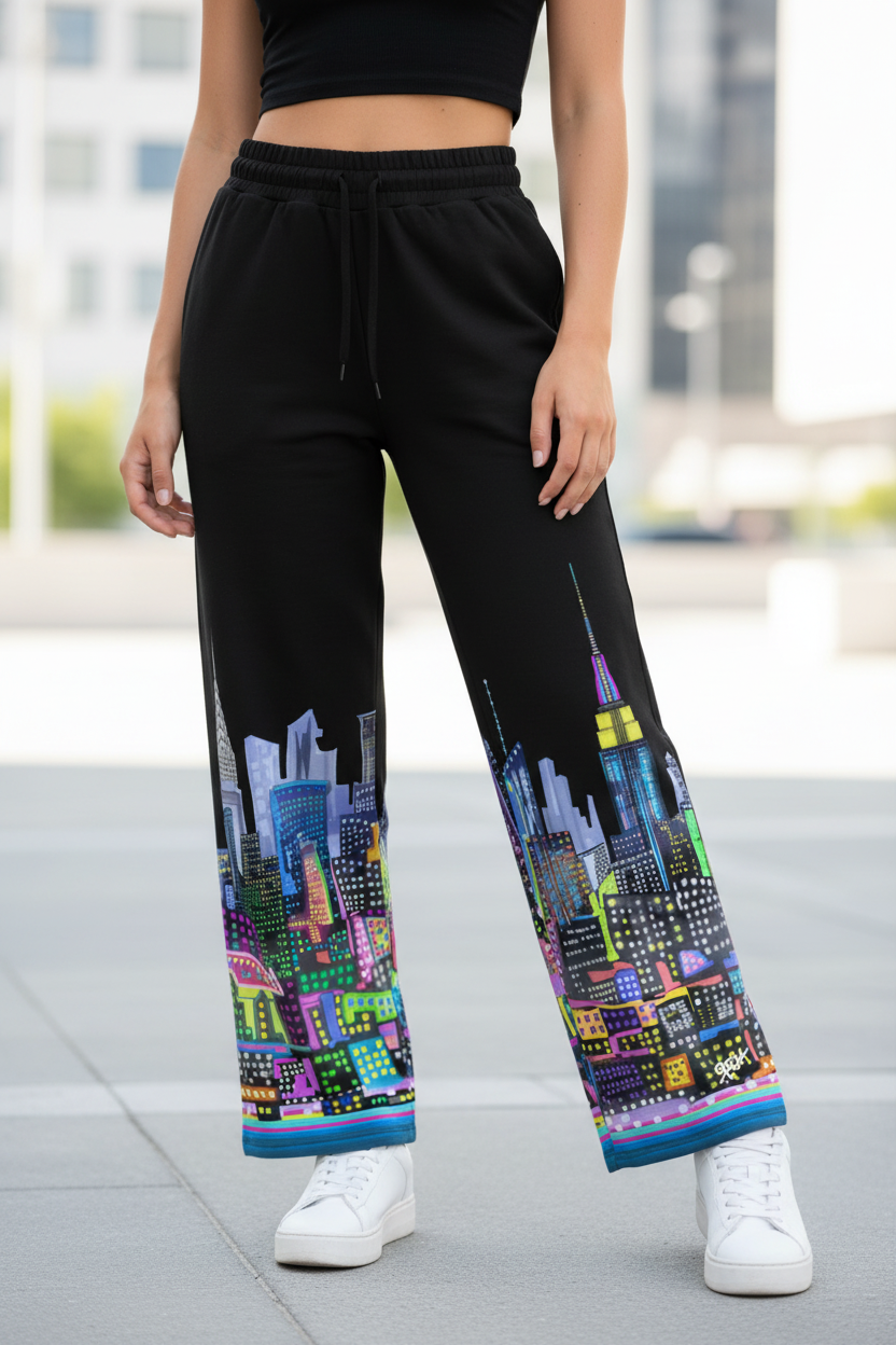 Person wearing black Loria NYC Art pants with colorful cityscape design in an urban setting