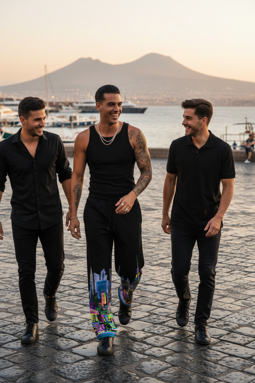 Man wearing NYC Art pants walking together on a stone path with a scenic background
