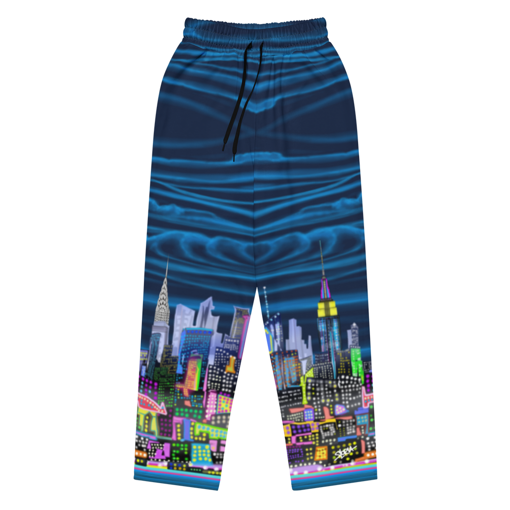 Pajama pants with a cityscape Loria NYC Art design on a white background