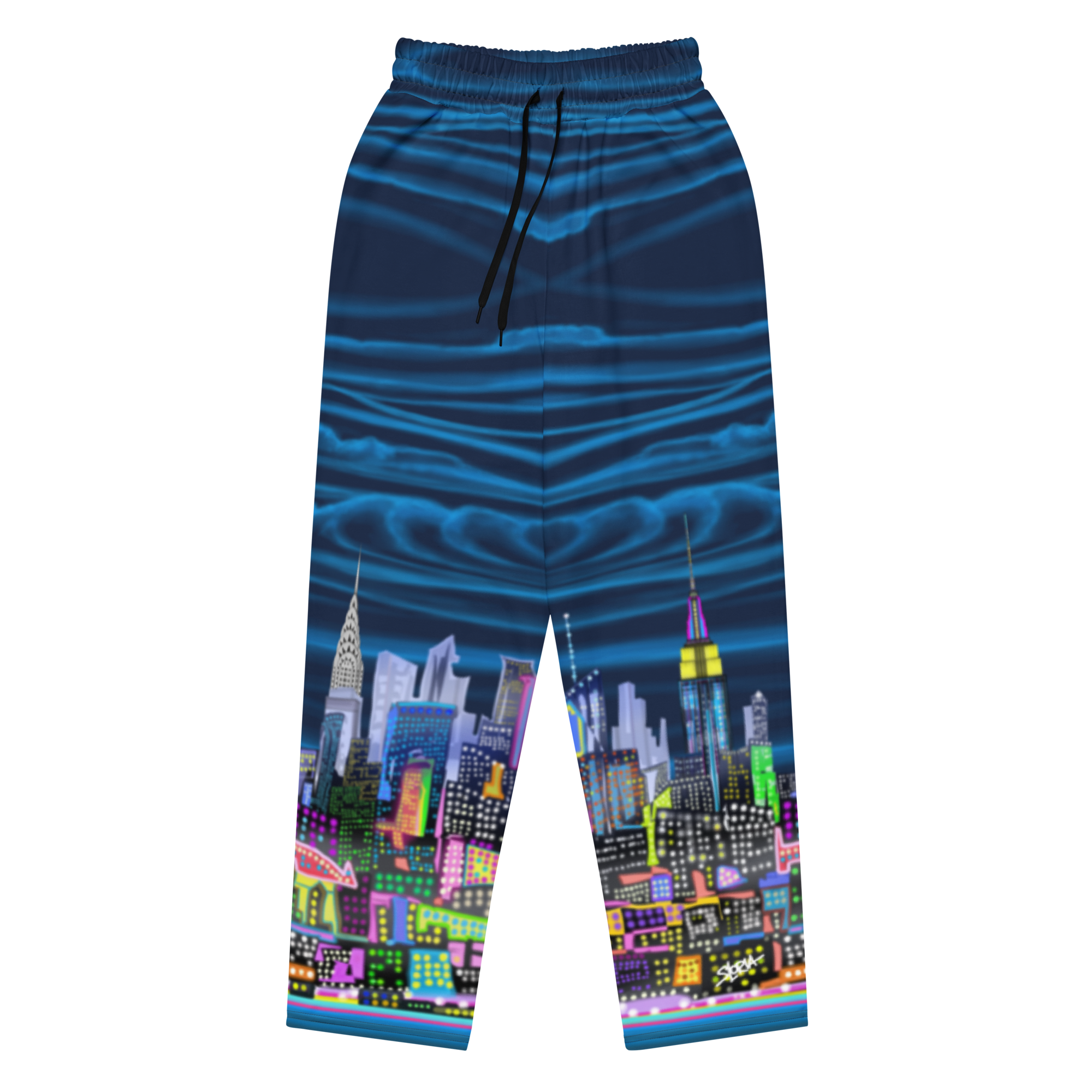 Pajama pants with a cityscape Loria NYC Art design on a white background