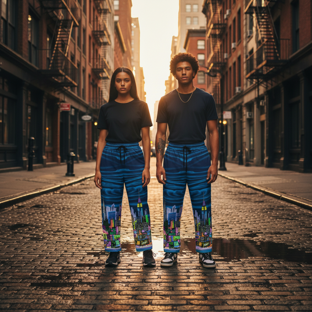 Two people wearing blue Loria NYC Art pants with colorful patterns on a city street.