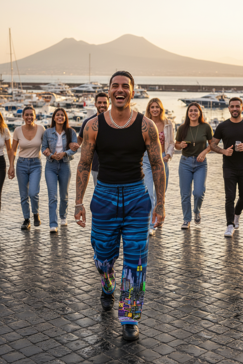 Man wearing blue Loria NYC Art sweatpants walking with a group of people by a marina with mountains in the background