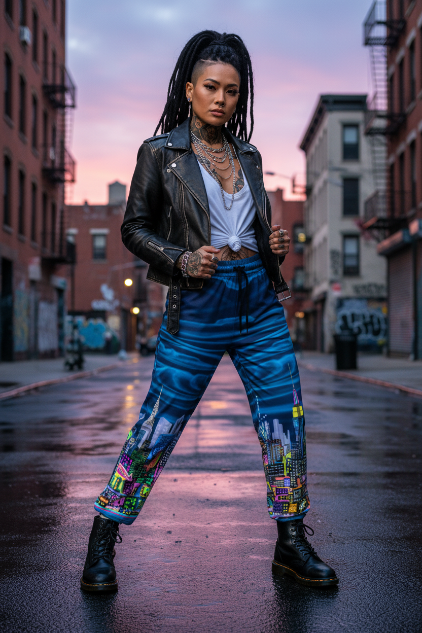 Person wearing a black leather jacket and colorful Loria NYC Art pants standing on a city street at dusk.