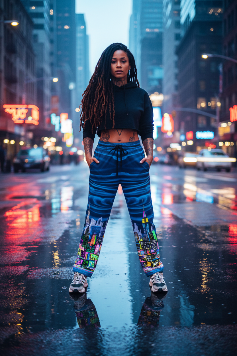 Person wearing Loria NYC Art pants standing on a city street at night with neon lights and reflections.