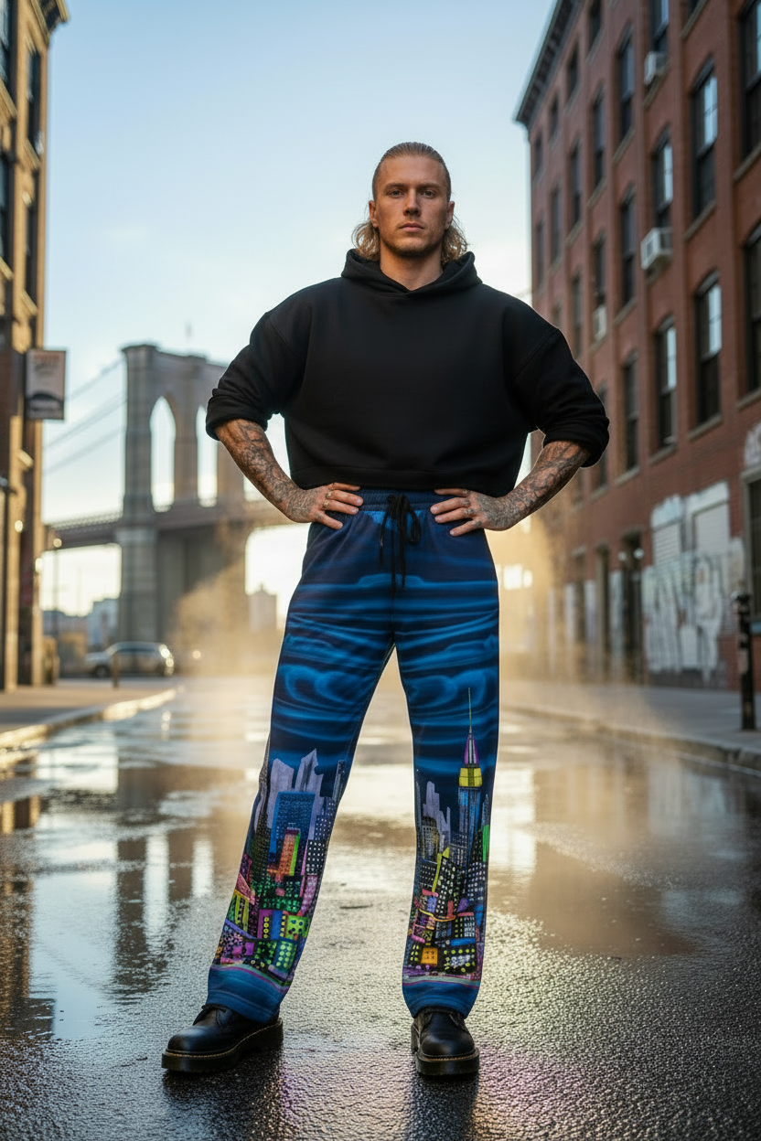 Person wearing a black hoodie and blue pants with cityscape Loria NYC Art design, standing on a street with a bridge in the background.