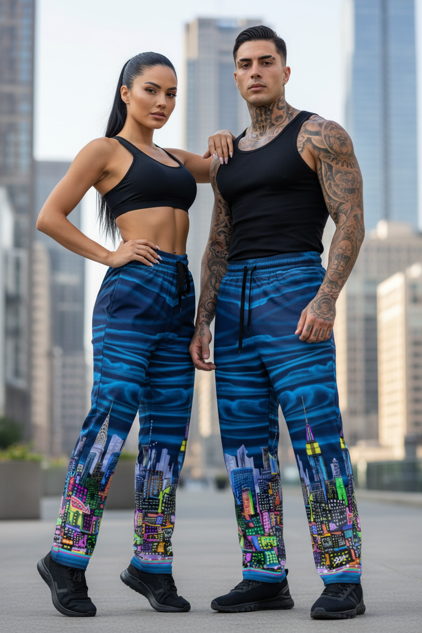Two people wearing matching blue pants with colorful Loria NYC Art  in an urban setting.