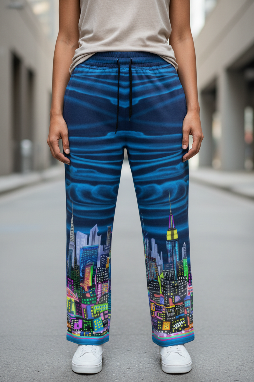 Person wearing blue Loria NYC Art pants with cityscape design on a street