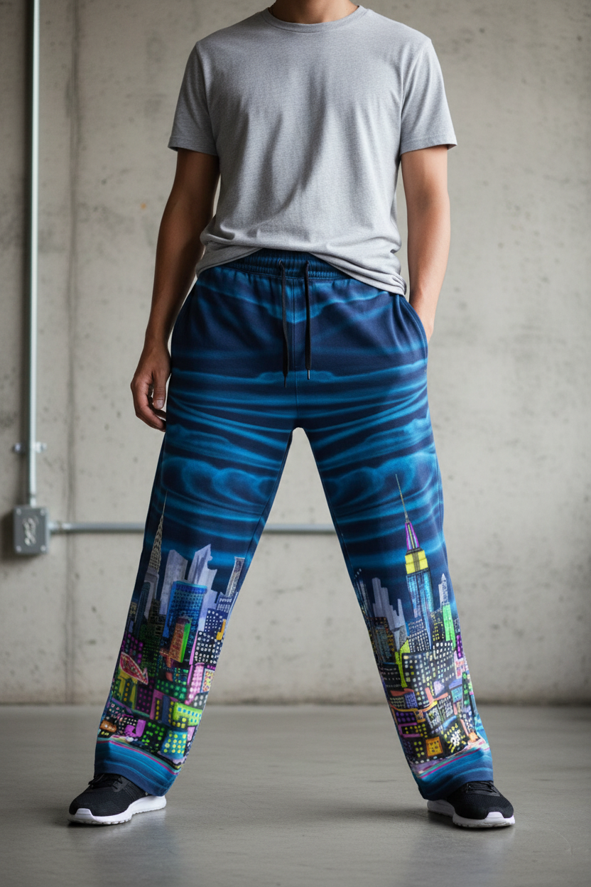 Person wearing blue Loria NYC Art pants with a gray shirt against a concrete wall.