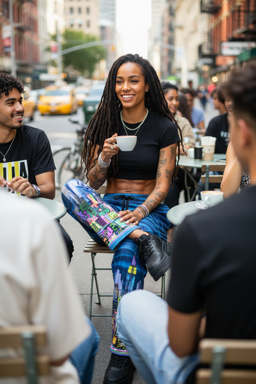 Woman wearing Loria NYC Art pants holding a cup of coffee in an urban setting with people around her.