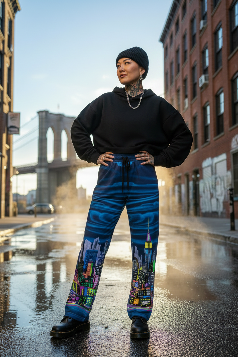 Person wearing a black sweater and blue patterned Loria NYC Art pants standing on a city street with a bridge in the background.