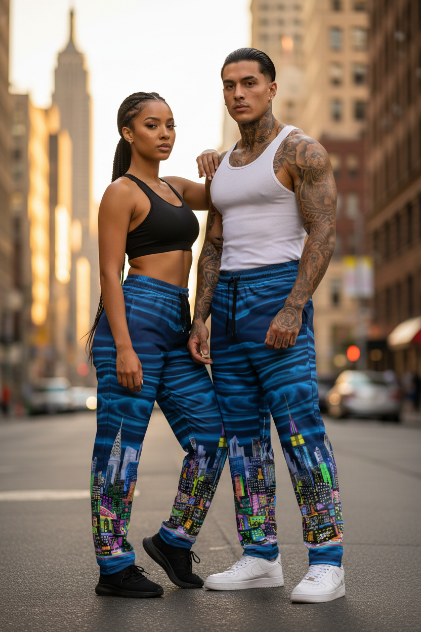 Two people wearing matching blue  colorful Loria NYC Art pants on a city street.