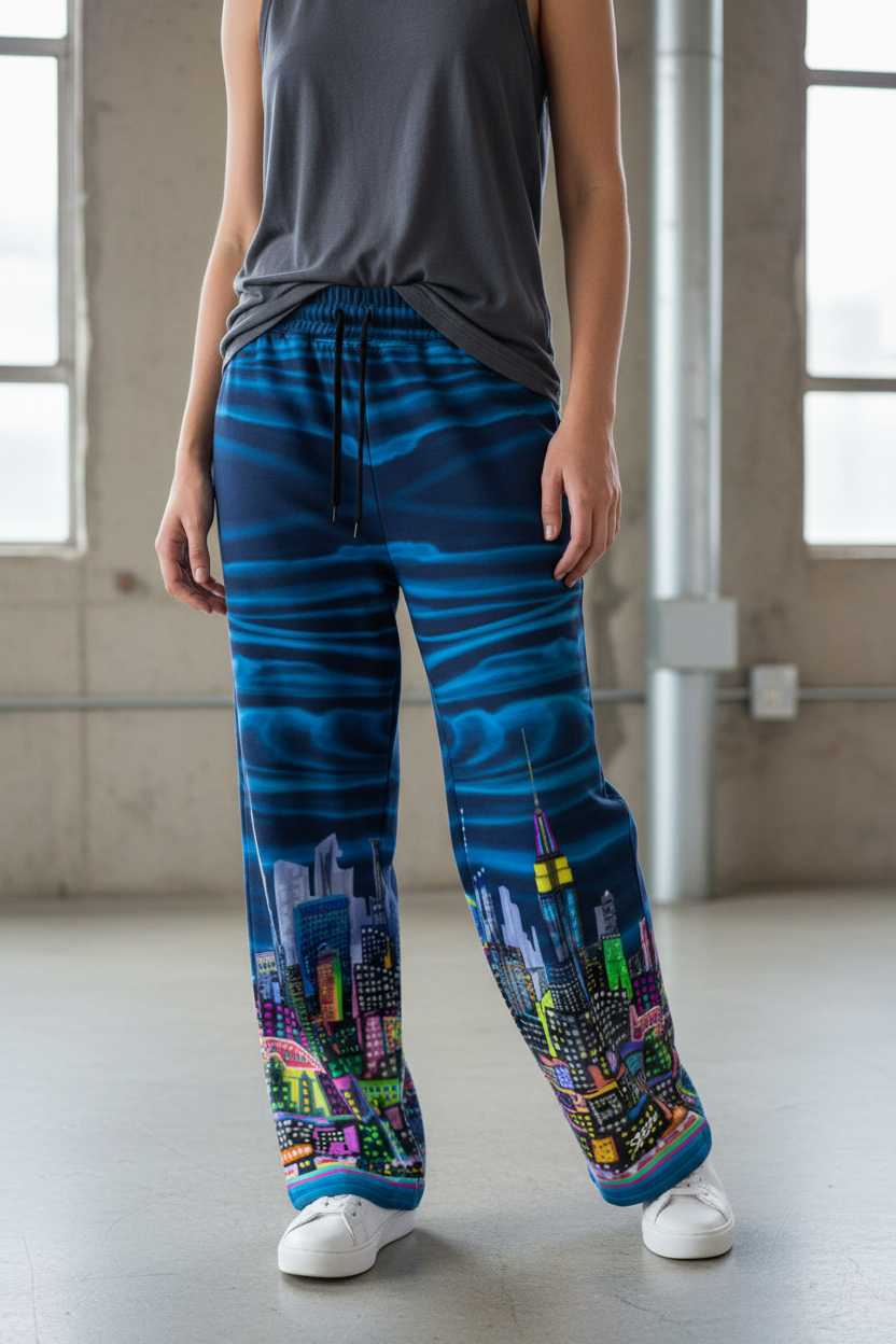 Person wearing blue pants with Loria NYC Art pants cityscape design in a room with large windows.