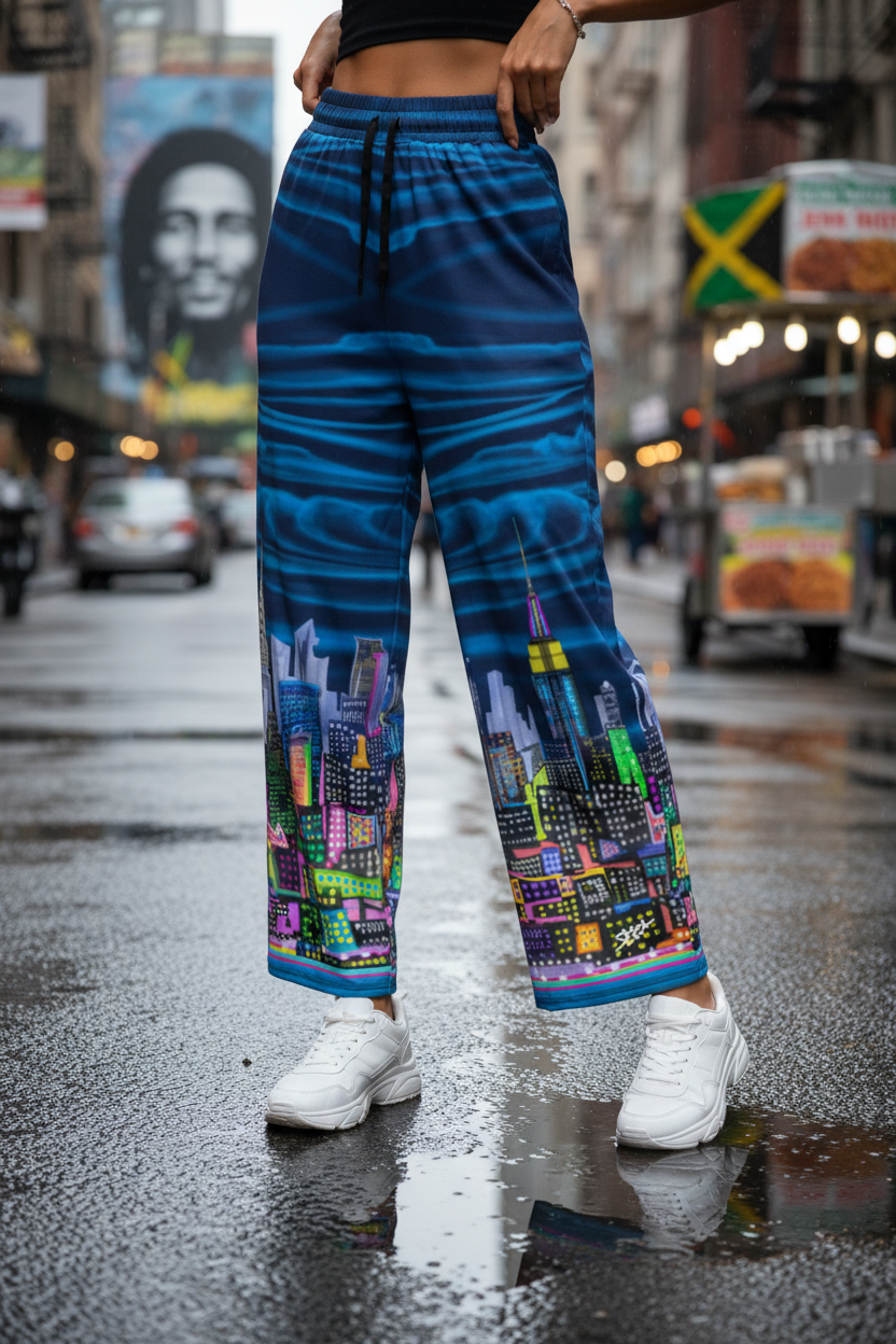 Person wearing blue pants with Loria NYC Art cityscape design on a city street.