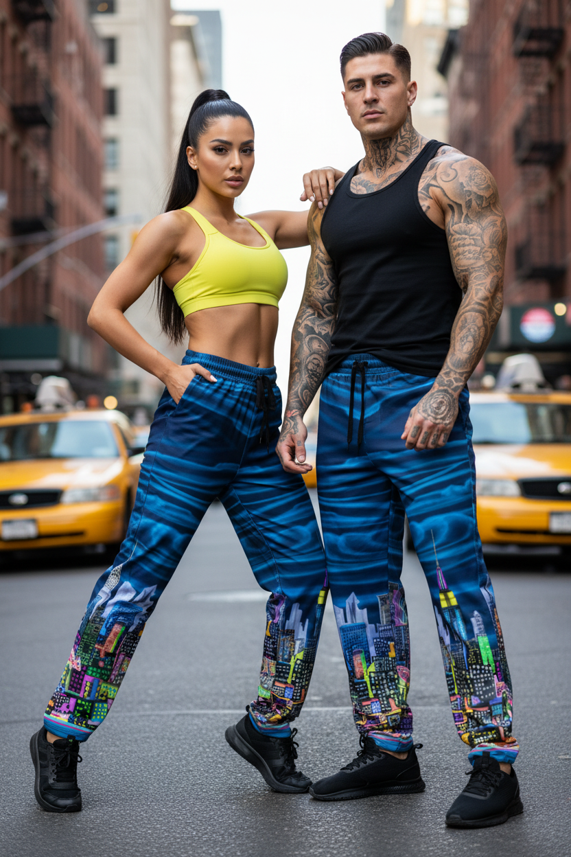 Two people wearing Loria NYC Art colorful pants standing on a city street with taxis in the background.