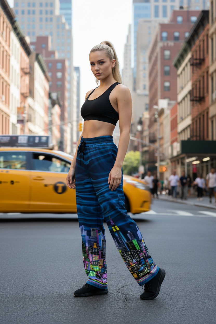 Woman wearing blue pants with Loria NYC Art cityscape design on a urban background