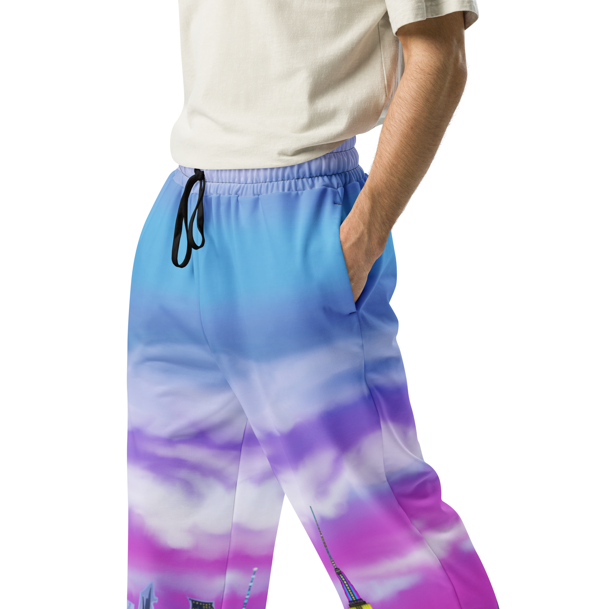 Loria NYC Art pants with a gradient of blue, purple, and white on a white background.
