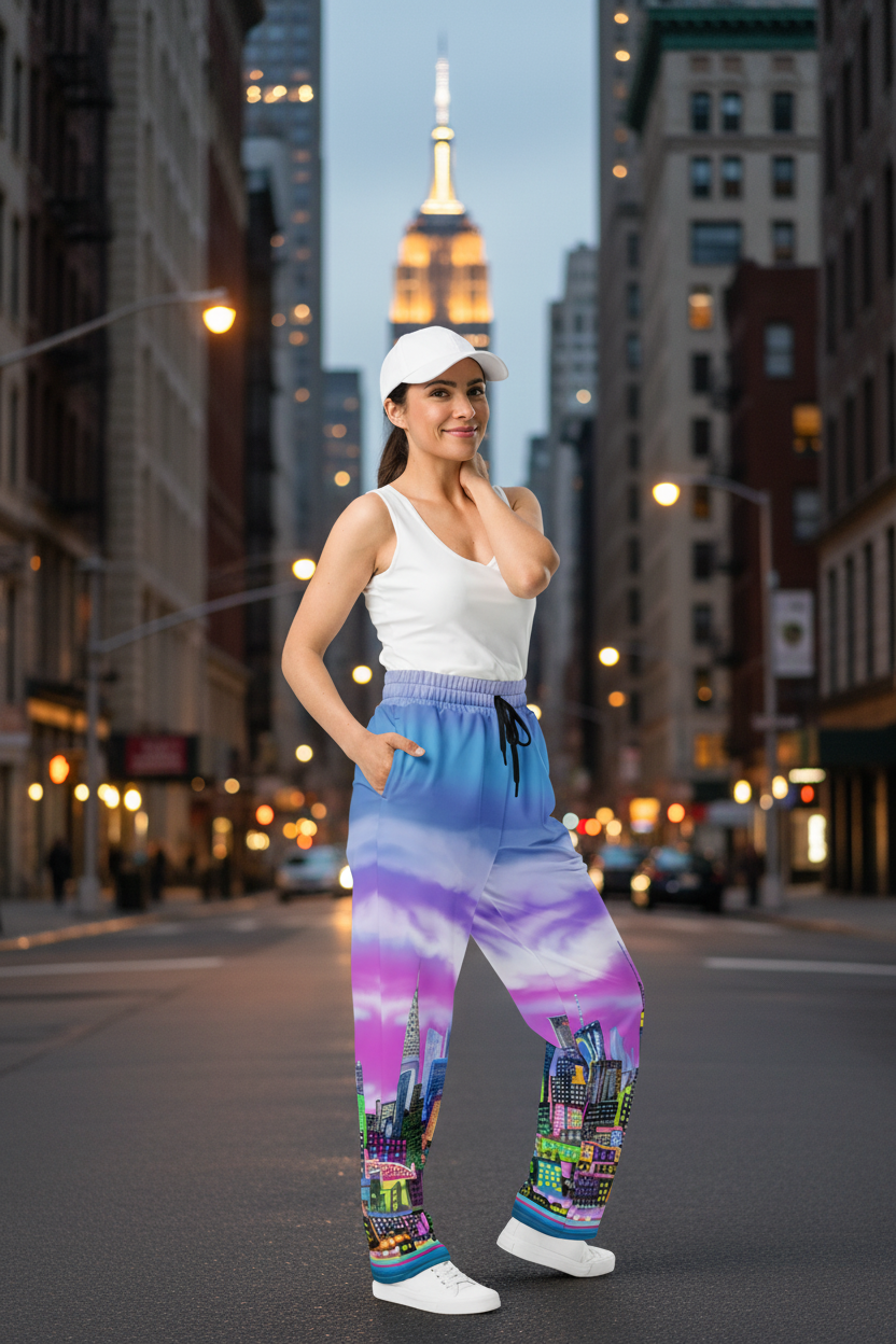Woman wearing colorful Loria NYC Art pants with a cityscape design on a urban background