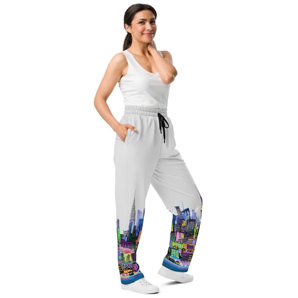 Girl posing wearing Pants with colorful skyline Loria NYC Art design on white background 