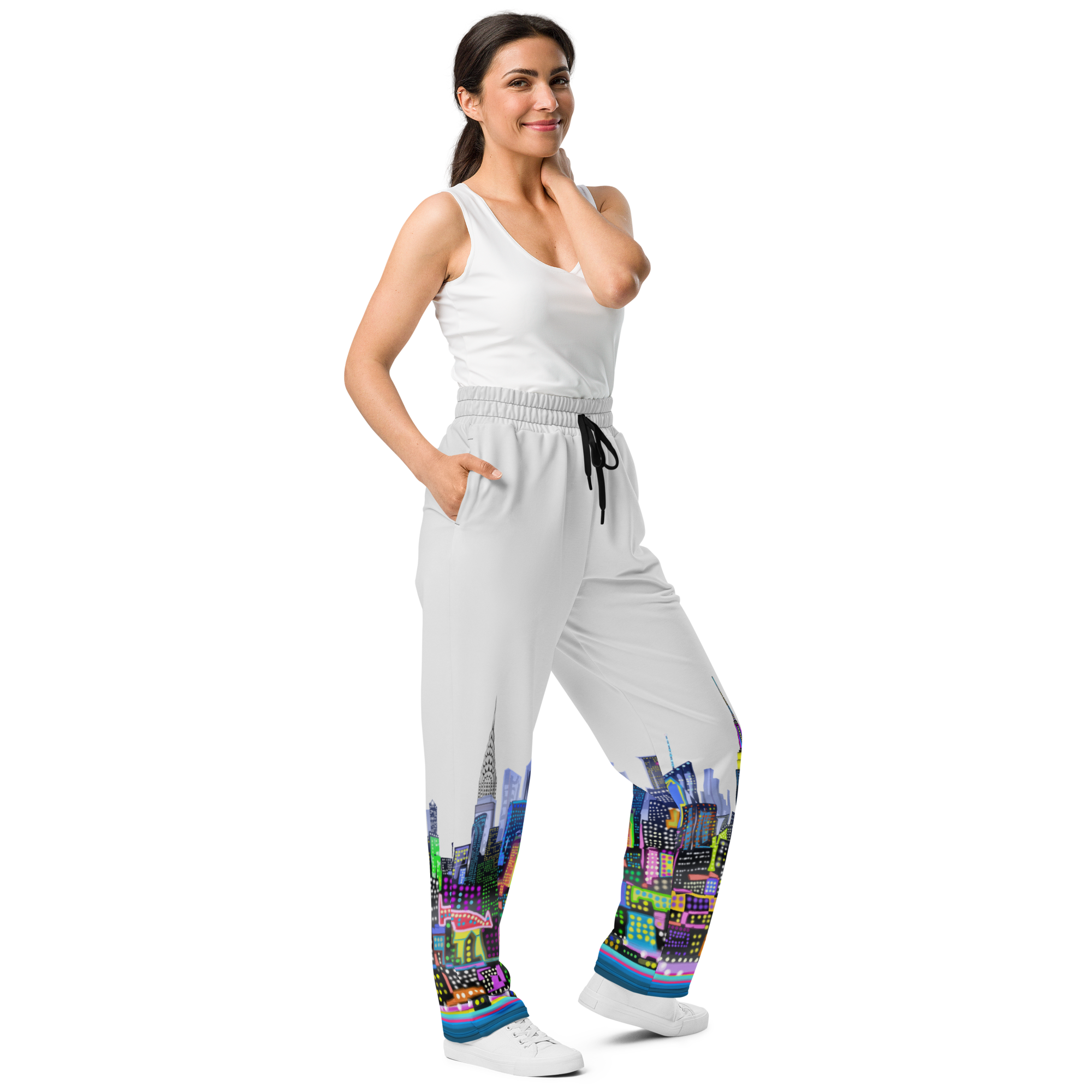 Girl posing wearing Pants with colorful skyline Loria NYC Art design on white background 