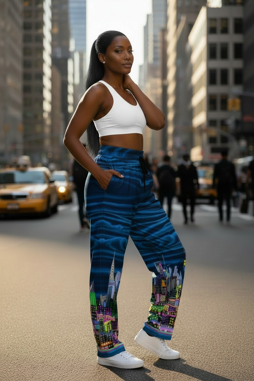 Woman wearing blue pants with colorful cityscape Loria NYC Art design on a urban  background