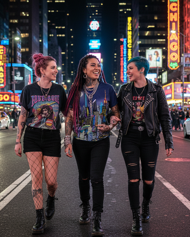 Woman in center wearing a Loria NYC Art cityscape t-shirt on a white background