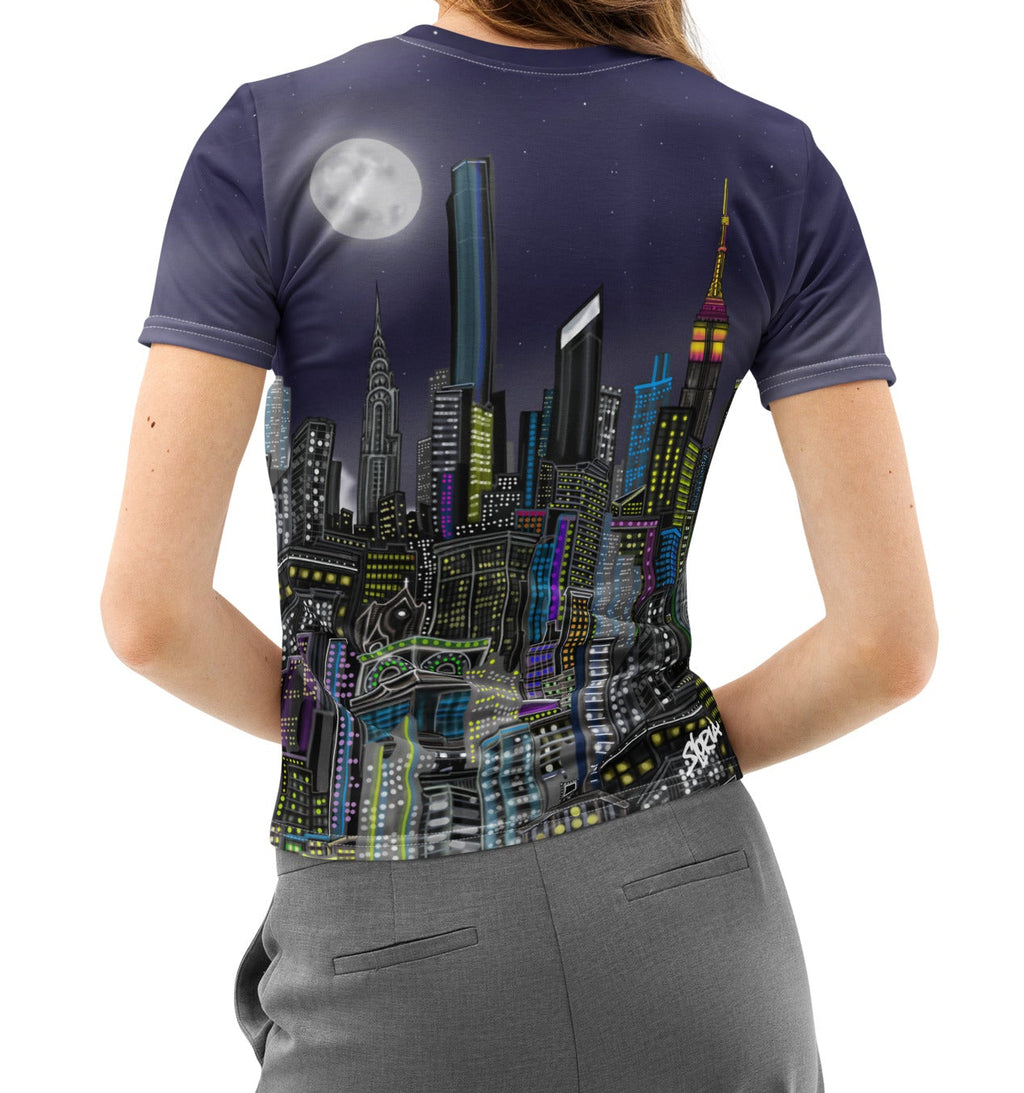 Back of Woman wearing a Loria NYC Art cityscape t-shirt on a white background