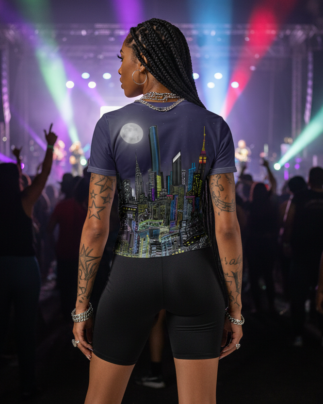 Person wearing a colorful graphic Loria NYC Art t-shirt at a concert with stage lights and crowd in the background