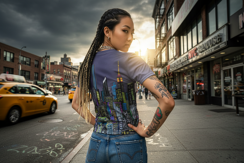 Woman standing on a city street with a colorful Loria NYC Art shirt and braided hair, sun setting behind her.