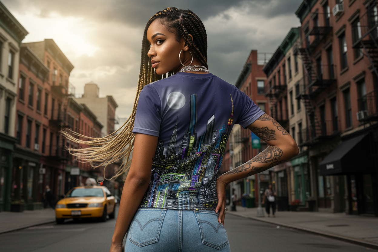 Woman in a colorful Loria NYC Art t-shirt and jeans standing on a city street with a yellow taxi in the background.